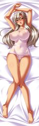 arms_up bare_legs barefoot bed bishop_(company) blonde_hair blush breasts cameltoe dakimakura dark-skinned_female dark_skin erect_nipples female kagami_hirotaka large_breasts long_hair lying mesu_kyoushi_3 mizusawa_chisato nipples one-piece_swimsuit partially_visible_vulva pussy_juice see-through skin_tight smile solo sweat swimsuit