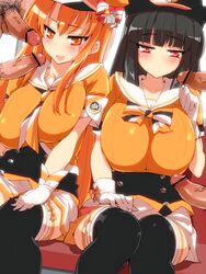 2girls beatmania beatmania_iidx black_hair black_legwear blush breasts censored demekyon embarrassed erection gloves hat hinazuki_ririna huge_breasts imminent_sex large_breasts long_hair looking_at_viewer multiple_boys multiple_girls open_mouth orange_eyes orange_hair penis penis_awe pubic_hair red_eyes sitting skirt smile testicles thighhighs umegiri_iroha