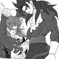 2boys abs anal anus bara barefoot blood blush bottomless censored cum cum_in_ass cum_while_penetrated dragon_ball dragon_ball_heroes dragon_ball_z gay gogeta male male_only metamoran_clothing monochrome multiple_boys muscle muscles naughty_face pecs penis potara_earrings simple_background son_goku steam super_saiyan_4 sweat tail testicles vegeta vegito yaoi