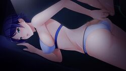 amami_taito ass bare_shoulders bikini blue_hair blush breasts censored erect_nipples female game_cg green_eyes handjob highres hitozuma_swimming_club ino interheart large_breasts legs looking_back mosaic_censoring penis shiomiya_shiho short_hair sideboob solo_focus standing thighs