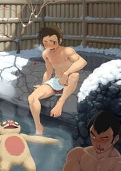 2boys 3boys ambiguous_gender black_hair blush brendan_(pokemon) brown_hair father_and_son furry human incest male_only multiple_boys nintendo norman_(pokemon) nosebleed nude outdoor penis pokemon pokemon_rse short_hair slakoth steam tagme testicles towel wince yaoi