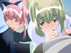 2girls animal_ears animated cat_ears censored chidori_miu cum cum_in_mouth ero_train erogos fake_animal_ears fellatio green_hair multiple_girls murohka_saya oral