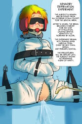 asylum ball_gag belt blindfold blush bondage bound collar crotch earbuds earmuffs english_text female female_focus femsub gag gagged humiliation medical mind_break okamisaga orgasm_denial peeing pussy red_hair science sensory_deprivation solo spread_legs straitjacket suspension teasing text