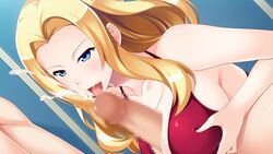 1boy amami_taito bare_shoulders blonde_hair blue_eyes blush breast_squeeze breasts censored cum ejaculation female game_cg highres hitozuma_swimming_club ino interheart kayashima_aki large_breasts long_hair looking_at_another mosaic_censoring paizuri penis smile solo_focus straight swimsuit tongue