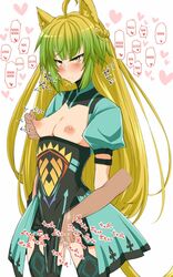 ahoge animal_ears atalanta_(fate) blonde_hair blush breast_grab breasts breasts_out cat_ears cat_tail demekyon fate/apocrypha fate/grand_order fate_(series) fingering green_eyes green_hair highres multicolored_hair nipple_tweak nipples pussy_juice small_breasts tail thighs white_background