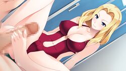 1boy amami_taito bare_shoulders barefoot blonde_hair blue_eyes blush breasts cameltoe censored cleavage cleavage_cutout feet female footjob game_cg highres hitozuma_swimming_club ino interheart kayashima_aki large_breasts legs long_hair looking_down mosaic_censoring navel penis sitting smile solo_focus straight swimsuit thighs toes two-footed_footjob