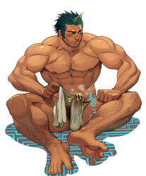 1boy abs bara barefoot blush body_hair bulge cum feet male male_only muscle muscles musk pecs penis phantasy_star phantasy_star_online phantasy_star_online_2 solo tagme toes topless underwear