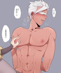 2boys abs bibinba blindfold gundam male male_focus male_only mikazuki_augus multiple_boys muscle nipples orga_itsuka pecs restrained short_hair silver_hair tagme topless white_hair yaoi yellow_eyes