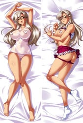 ass bare_legs barefoot bed bishop_(company) blonde_hair blush breasts brown_eyes censored cheerleader dakimakura dark_skin female kagami_hirotaka large_breasts legs long_hair lying mesu_kyoushi_3 milf mizusawa_chisato mole mole_under_eye nipples novelty_censor one-piece_swimsuit panties panty_pull partially_visible_vulva pussy_juice school_swimsuit see-through shirt_lift skirt skirt_lift smile socks sweat swimsuit white_school_swimsuit