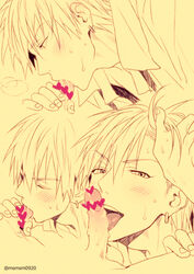 2boys censored censored_genitalia censored_penis cum cum_in_mouth drooling fellatio kise_ryouta kuroko_no_basuke kuroko_tetsuya licking male_only mashima_shima multiple_boys oral penis saliva size_difference yaoi