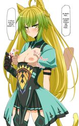 ahoge animal_ears atalanta_(fate) blonde_hair blush breast_grab breasts breasts_out cat_ears cat_tail demekyon fate/apocrypha fate/grand_order fate_(series) green_eyes green_hair highres multicolored_hair nipple_tweak nipples small_breasts tail thighs white_background