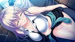 1boy blush breasts censored cleavage closed_eyes clothes_around_waist cum cum_in_pussy cum_on_body cum_on_lower_body cumdrip female game_cg glasses grey_hair highres huge_breasts in_vitro_shoujo legs long_hair midriff mosaic_censoring no_panties penetration pussy sex skirt skirt_lift sleeveless solo_focus standing straight sweat tadano_akira thighs vaginal_penetration