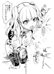 1boy bangs blunt_bangs blush breasts comic cum dokuro-san_(artist) ejaculation female handjob licking long_hair monochrome nipple_licking open_mouth penis straight text tokyo_7th_sisters translation_request two_side_up uesugi_u_kyouko