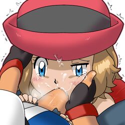 1boy amourshipping black_hair bloggerman brown_hair cum cum_in_mouth cum_inside cum_on_face fellatio female fingerless_gloves hand_on_head hands_on_another's_face human human_only nintendo oral penis pokemon satoshi_(pokemon) serena_(pokemon)