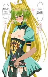 ahoge animal_ears atalanta_(fate) blonde_hair blush breast_grab breasts breasts_out cat_ears cat_tail demekyon erect_nipples fate/apocrypha fate/grand_order fate_(series) green_eyes green_hair heavy_breathing highres multicolored_hair nipples pussy_juice small_breasts tail thighs white_background