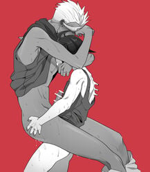 2boys anal ass bibinba bottomless cum cumdrip gundam male male_focus male_only mikazuki_augus monochrome multiple_boys orga_itsuka penis short_hair simple_background size_difference sweat tagme undressing white_hair wince yaoi