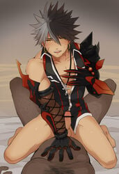 2boys anal black_hair blush bottomless elsword grey_hair looking_at_viewer multiple_boys muscle naughty_face penis pov raven_(elsword) short_hair straddling sweat testicles yaoi yellow_eyes