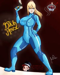 baby_(metroid) blonde_hair blue_eyes bodysuit breasts cameltoe covered_navel erect_nipples female gun human joraglove large_breasts long_hair male metroid metroid_(creature) nintendo parted_lips ponytail samus_aran skin_tight standing tied_hair weapon zero_suit zero_suit_samus