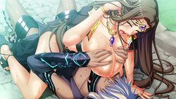 1boy 1boy1girl 1girls breast_sucking breasts cowgirl_position female game_cg huge_breasts kyonyuu_fantasy kyonyuu_fantasy_3 two_nipples_one_mouth waffle zoe_(kyonyuu_fantasy)