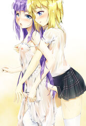 2boys :q androgynous blonde_hair blue_eyes blush crossdressing dress erection eyeliner femboy foreskin gay highres human intact male male_only nipple_tweak nipples original partially_retracted_foreskin penis purple_hair see-through shuffle_(songdatiankong) skirt smooth_penis strap_slip thighhighs tongue tongue_out trap trap_on_trap uncut wet wet_clothes yaoi