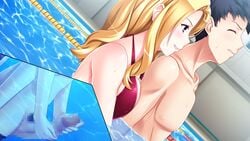 1boy amami_taito bare_shoulders blonde_hair blue_eyes blush breast_press breasts censored closed_eyes female game_cg grabbing_from_behind handjob highres hitozuma_swimming_club ino interheart kayashima_aki large_breasts long_hair mosaic_censoring naughty_face partially_submerged penis pool smile straight swimsuit two-handed_handjob water wet