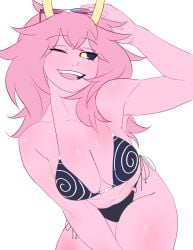 bending_forward bikini black_sclera boku_no_hero_academia breast_focus breasts cleavage female fit fit_female hips holic_fz looking_at_viewer mina_ashido my_hero_academia my_hero_academia_(finale) post-timeskip smile string_bikini swimsuit swimwear swirl_pattern thick_thighs thighs toned_female wide_hips wink winking_at_viewer yellow_eyes yellow_horns