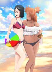 2girls akimichi_chouchou beach beach_ball bikini black_hair blouse blush boruto:_naruto_next_generations chubby_female cleavage closed_eyes female female_only food friends glasses grabbing_from_behind hand_on_hip holding_object holding_partner implied_yuri interracial lolipop midriff multiple_girls naruto naruto_(series) optimystic orange_hair purse sarada_uchiha seaside sexually_suggestive size_difference sleeveless smile stealth stealth_ass_grab suggestive swimsuit torso_grab yuri