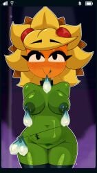 condom condom_filled condom_in_mouth filled_condom hand_on_hip looking_at_viewer naked plants_vs_zombies plants_vs_zombies:_heroes r_bismut solar_flare_(pvz) sunflower_(pvz)