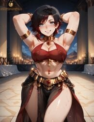 ai_generated armpits arms_behind_head arms_up belly_dancer belly_dancer_outfit black_hair covered_nipples dancing erotic_costume hands_behind_head harem_girl harem_outfit multicolored_hair navel_piercing nipple_bulge nipple_outline pose posing red_hair ruby_rose rwby silver_eyes smile smiling_at_viewer solo solo_female solo_focus standing sweat sweatdrop sweating tagme twistedpeach two_tone_hair