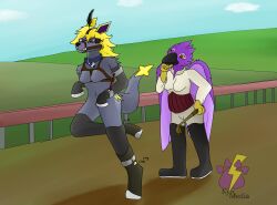 2020 absurd_res anthro arm_restraints avian bell bell_accessory bell_collar bird blonde_hair blue_sky bondage bondage_gear bondage_gloves boots bottomwear bridle brown_eyes canid canine canis chest_harness clothing collar corset corvid cybernetic_arm cybernetic_limb digital_media_(artwork) dirt duo eeveelution eyewear feathered_wings feathers female female/female fence footwear fur generation_1_pokemon glasses gold_(metal) grey_body grey_fur hair hand_on_chin handwear harness hi_res hill hoof_boots hoof_gloves horse_blinders hybrid jolteon kyn_skyther kynmedia lakia_(cheriathelillilox) lingerie magpie_(corvid) mammal mouth_closed nintendo orange_eyes oscine pants passerine petplay pokemon pokemon_(species) ponyplay prosthetic prosthetic_arm prosthetic_limb purple_body red_corset riding_crop roleplay shirt shoes sky tall_boots tan_bottomwear tan_clothing tan_pants topwear walking wearing_glasses whip white_clothing white_shirt white_topwear wings wolf