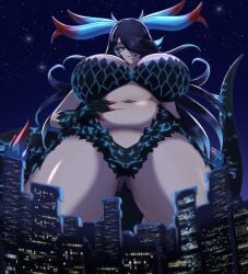 1girls city female giantess horns kaiju kaiju_girl looking_down macro tail xendrawsthings