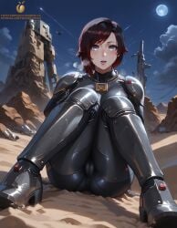 1girls ai_generated armor ass black_hair bodysuit breasts cameltoe cameltoe_focus chinese_stealth_suit fallout female female_only large_ass large_butt large_thighs legs_apart light-skinned_female low-angle_view medium_breasts panting pose posing pussy pussy_focus red_hair ruby_rose rwby silver_eyes sitting skin_tight solo sweat tagme thick_thighs twistedpeach two_tone_hair visible_breath