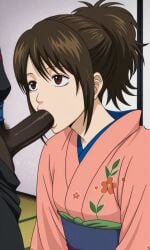 1boy 1boy1girl 1girls 2d ai_generated anime anime_style blowjob blowjob_face breasts brown_eyes brown_hair dark-skinned_male dark_penis dark_skin erection female gintama high_ponytail interracial interracial_sex japanese_clothes japanese_clothing japanese_female kimono kneeling lips male male/female oral oral_insertion oral_sex penis ponytail pubic_hair quietns shimura_tae small_breasts straight very_dark_skin yukata