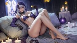 ass bare_legs bare_shoulders barefoot black_gloves black_swan_(honkai:_star_rail) book bra breasts candle card cg cleavage crystal_ball elbow_gloves feet female full_body gloves grey_hair holding holding_card honkai:_star_rail indoors knees_up large_breasts legs long_hair looking_at_viewer nail_polish panties patreon_username pillow purple_eyes sciamano240 sitting smile solo thighs toenail_polish toenails toes underwear veil very_long_hair