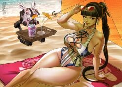 2025 bangs beach beach_towel beach_umbrella big_breasts black_hair blunt_bangs breasts brown_eyes can detailed_background drink drinking_glass eve_(stellar_blade) female hi_res long_hair ponytail rankgo robot seaside shaded stellar_blade sunglasses sunglasses_on_head swimsuit thick_thighs tray