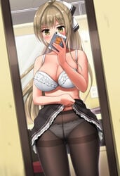 amagi_brilliant_park antenna_hair bare_arms bare_shoulders beige_hair black_panties black_skirt blush bow bra breasts cellphone cellphone_camera cleavage collarbone derauea female frilled_bra frills glass hairbow holding_phone indoors large_breasts long_hair mirror panties panties_under_pantyhose pantyhose phone pleated_skirt ponytail reflection reindeer_print room self_shot sento_isuzu skirt skirt_lift smartphone smartphone_case socket solo standing taking_picture thighband_pantyhose tied_hair tsurime underwear very_long_hair white_bow white_bra yellow_eyes