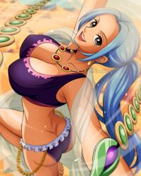 ass back bare_back belly_dancer_outfit big_ass blue_hair blue_hair_female breasts butt_crack cleavage covered_nipples dancer dancing female from_behind grey_eyes large_breasts leg_up nefertari_vivi one_piece outdoors ponytail rakara11 rakkarts
