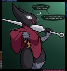 1girls 4_fingers bandages black_body blush blush cloak cloak_only condom condom_wrapper dialogue female hollow_knight hollow_knight:_silksong hornet_(hollow_knight) horns looking_at_viewer maskless nail oerba_yun_fang open_mouth pale_eyes signature solo speech_bubble sweat sweating text theidiotmuffin url weapon weapon_on_shoulder wide_hips wink