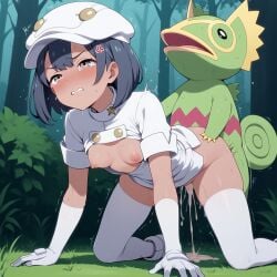1boy 1girls aether_foundation aether_foundation_employee aether_foundation_employee_(female) ai_generated all_fours black_hair breasts breasts_out clenched_teeth clothed_sex cum cum_drip cum_inside cum_pool doggy_style ejaculation female functionally_nude gloves grey_eyes hat kecleon larger_female male open_clothes open_shirt outdoors parkinson_(ai_artist) partially_clothed pokemon pokemon_sm pokephilia rape sex sex_from_behind smaller_male tears thighhighs uniform