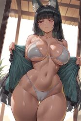 1girls 2025 ai_generated animal_ear_fluff animal_ears bikini black_hair blunt_bangs blurry_background blush cameltoe collarbone cowboy_shot curvaceous curvy female female_focus female_only fox_ears fox_girl hi_res highres hoshimi_miyabi indoors jacket large_breasts long_hair navel open_clothes pubic_hair pubic_hair_peek quaternionic red_eyes revealing sidelocks solo solo_female stable_diffusion standing taking_clothes_off thick_thighs thigh_gap white_bikini wide_hips zenless_zone_zero