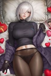 artist_name bed_sheet black_gloves black_panties black_pantyhose black_shirt box breasts brown_pantyhose cg closed_mouth coat dated ear_piercing earrings envelope female fiona_frost fishnet_pantyhose fishnets gift gift_box gloves grey_eyes hair_over_one_eye heart heart-shaped_pillow high-waist_pantyhose holding jacket jewelry large_breasts letter lips long_sleeves looking_at_viewer love_letter lying navel no_pants on_back on_bed open_clothes open_jacket panties panties_under_pantyhose pantyhose photo_(object) piercing pillow purple_jacket sciamano240 scissors shirt short_hair signature solo spy_x_family sweater taut_clothes turtleneck underwear white_hair