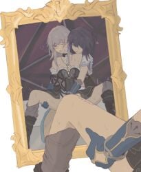 2girls artist_name bare_shoulders black_boots black_dress black_hair black_sleeves blue_eyes blue_gloves blush boots bow bracelet chinese_clothes closed_mouth clothing_cutout detached_sleeves dress english_commentary female fingering gloves grey_hair grey_socks hair_bun hair_ornament hair_over_one_eye hair_stick hairbow hairclip half-closed_eye herta_(honkai:_star_rail) honkai:_star_rail honkai_(series) jewelry korshokor long_hair long_sleeves looking_at_another looking_down mirror multiple_girls no_headwear on_bed one_eye_closed open_mouth purple_bow purple_eyes pussy reflection ruan_mei_(honkai:_star_rail) short_hair short_sleeves sidelocks simple_background sitting sitting_on_person sleeveless sleeveless_dress socks spread_legs strapless strapless_dress sweat the_herta_(honkai:_star_rail) trembling vaginal_penetration white_background yuri