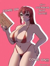 adult adult_female belly belly_button big_breasts bikini breasts cleavage colored curvy_female digital_drawing_(artwork) english_text exposed_shoulders female female female_only hd heterochromia highres hololive hololive_japan hourglass_figure houshou_marine large_breasts lewdnax light-skinned_female light_skin long_hair looking_at_viewer mature mature_female naxken pinup red_bikini red_eyes red_hair self_upload sexy simple_background solo standing text upper_body virtual_youtuber voluptuous voluptuous_female wide_hips yellow_eyes