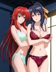 2girls ai_generated akeno_himejima big_breasts bikini blush curvy_female female_only girlfriends high_school_dxd imminent_sex indoors lesbian_couple rias_gremory rias_x_akeno smile thick_thighs yuri yuri