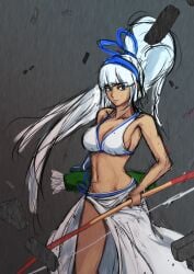 1girls archery big_breasts bikini blue_eyes breasts busty cleavage dark-skinned_female dark_skin feet female female_only gloves hair_ribbon half-closed_eyes hi_res highres large_breasts legs looking_at_viewer majikina_mina navel pose posing ribbon samurai_shodown sarong sideboob snk swimsuit thighs toned voluptuous white_hair