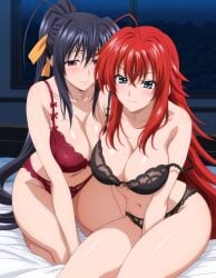 2girls ai_generated akeno_himejima bed big_ass big_breasts bikini blush curvy_female female_only girlfriends high_school_dxd indoors lesbian_couple night rias_gremory rias_x_akeno smile thick_thighs voluptuous_female wide_hips yuri yuri