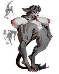 4:5 anthro big_breasts bodily_fluids breasts canid canine contortionism extreme_contortion feet female flexible fur genitals green_eyes grey_body grey_fur gyy lactating mammal masturbation milk nipples oral oral_masturbation paws pussy solo splits spread_legs spreading sweat tail thick_thighs vaginal_masturbation vaginal_penetration wide_hips