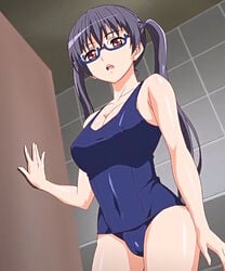 1girls breasts collaboration_works eroge!_h_mo_game_mo_kaihatsu_zanmai female glasses huge_breasts kosaka_iori red_eyes screencap screenshot solo swimsuit twintails