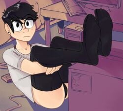1boy black_hair black_thighhighs bottomwear briefs bulge clothed clothing earrings feet_up foot_fetish foot_focus footwear human light-skinned_male light_skin lowres male male_only original_character presenting_feet presenting_hindquarters ryan_(tinsay) shirt short_hair socks soles solo thighhighs tinsay_(artist) topwear wide_eyed