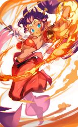 1girls breasts dark-skinned_female dark_skin earrings female female_only fire flame flames green_eyes life_is_pi pointy_ears purple_hair shantae shantae_(character) solo thighs